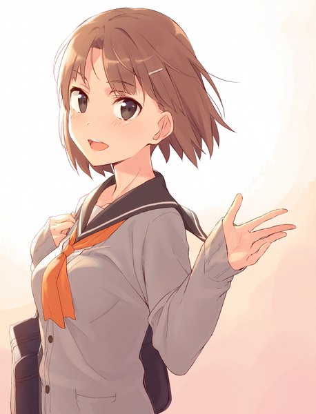 Anime picture 700x918 with original kinta (distortion) single tall image looking at viewer blush fringe short hair open mouth simple background smile brown hair standing brown eyes upper body :d gradient background sleeves past wrists waving girl