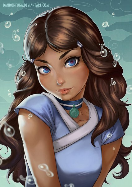 Anime picture 700x989 with avatar: the last airbender nickelodeon katara dandon fuga single long hair tall image looking at viewer blue eyes brown hair lips realistic dark skin eyebrows girl choker bubble (bubbles) clothes