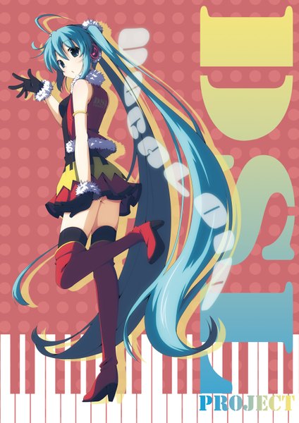 Anime picture 1085x1535 with vocaloid hatsune miku yuzuki kei single tall image twintails bare shoulders ahoge very long hair aqua eyes aqua hair girl dress gloves headphones fur thigh boots