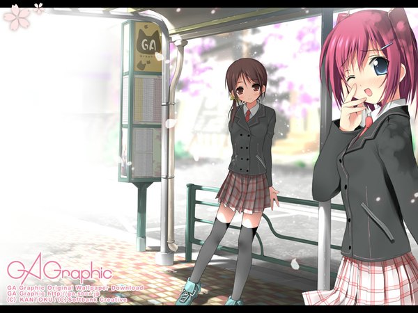 Anime picture 1024x768 with gagraphic kantoku long hair looking at viewer short hair open mouth blue eyes brown hair multiple girls pink hair outdoors one eye closed two side up plaid skirt letterboxed low ponytail ;d girl thighhighs skirt