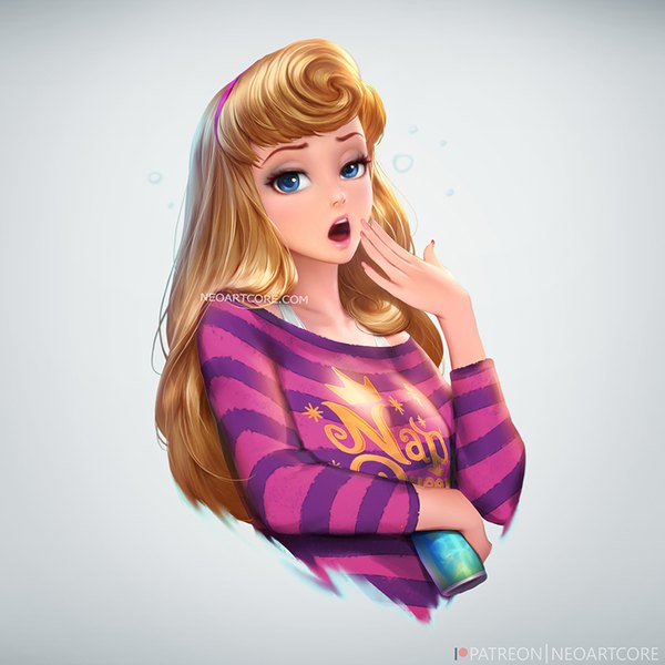 Anime picture 800x800 with sleeping beauty aurora (sleeping beauty) nudtawut thongmai single long hair looking at viewer blush open mouth blue eyes simple background blonde hair holding upper body fingernails realistic grey background watermark striped hand to mouth clothes writing