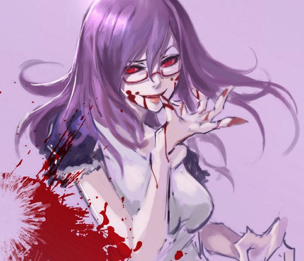 Anime picture 1000x859 with tokyo ghoul studio pierrot kamishiro rize futanuki single long hair simple background smile red eyes looking away purple hair finger to mouth purple background girl glasses blood