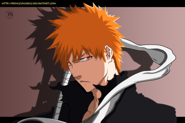 Anime picture 1095x729 with bleach studio pierrot kurosaki ichigo akira-12 single looking at viewer short hair simple background red eyes signed orange hair shadow coloring torn clothes close-up face brown background boy bandage (bandages)