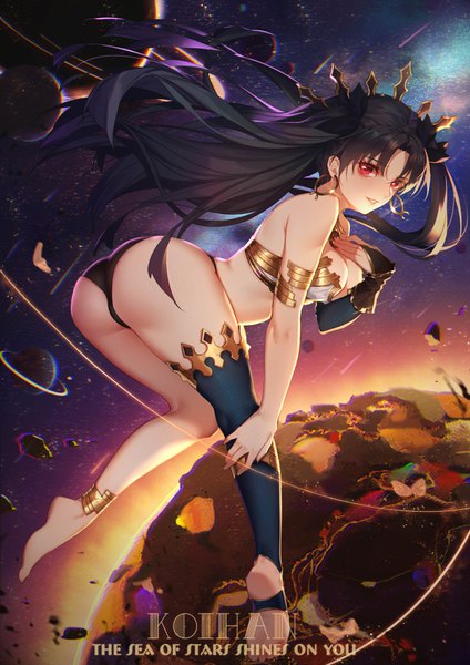 Anime picture 2480x3508 with fate (series) fate/grand order ishtar (fate) koi han single long hair tall image looking at viewer blush fringe highres breasts light erotic black hair smile red eyes large breasts bare shoulders signed cleavage