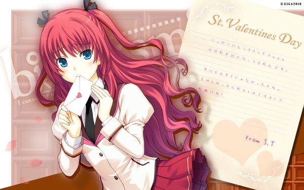 Anime picture 1920x1200 with bitter smile. todoroki sakurako nekonyan single long hair blush highres blue eyes wide image twintails red hair shadow valentine girl petals serafuku heart letter love letter