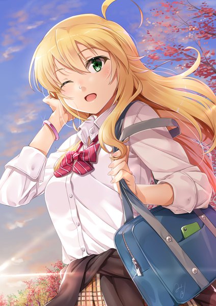 Anime picture 827x1169 with idolmaster idolmaster (classic) hoshii miki miri (ago550421) single long hair tall image looking at viewer open mouth blonde hair green eyes signed upper body ahoge outdoors one eye closed adjusting hair clothes around waist girl uniform