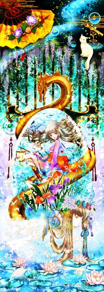 Anime picture 1200x3365 with original yuki mami single long hair tall image looking at viewer blonde hair sitting brown eyes girl dress flower (flowers) plant (plants) animal petals cat fan dragon