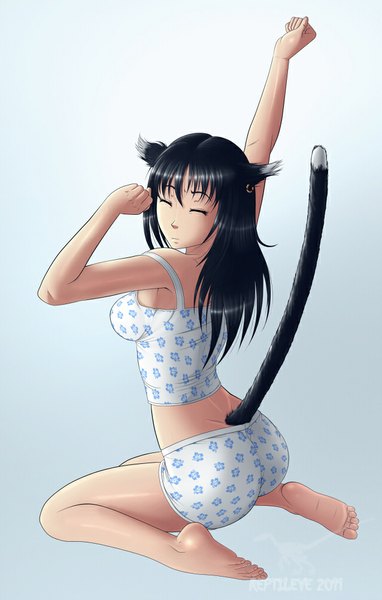 Anime picture 638x1000 with original reptileye (artist) single long hair tall image light erotic black hair animal ears tail eyes closed animal tail cat ears cat girl cat tail underwear only girl underwear panties earrings t-shirt