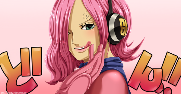 Anime picture 1730x900 with one piece toei animation vinsmoke reiju enara123 single looking at viewer blush fringe highres short hair simple background smile wide image signed pink hair upper body aqua eyes lips hair over one eye teeth