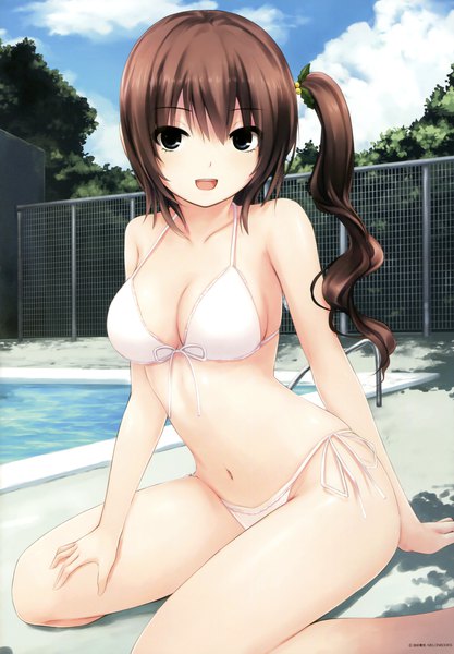 Anime picture 2645x3800 with melonbooks coffee-kizoku single long hair tall image looking at viewer highres open mouth light erotic brown hair sitting bare shoulders black eyes scan official art bare belly side ponytail wariza poolside girl