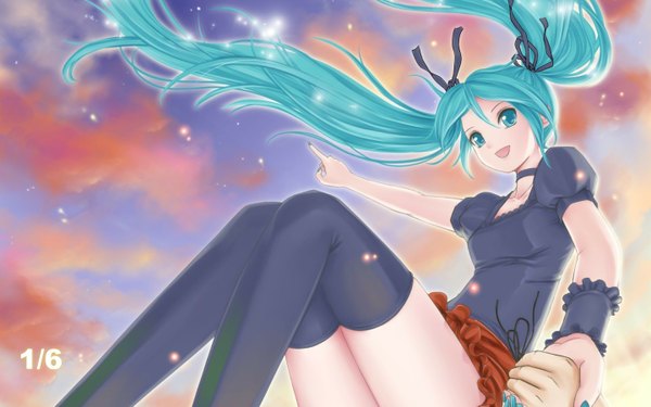 Anime picture 1440x900 with vocaloid hatsune miku r.p.s single looking at viewer open mouth wide image twintails sky cloud (clouds) very long hair aqua eyes aqua hair girl thighhighs skirt black thighhighs frills