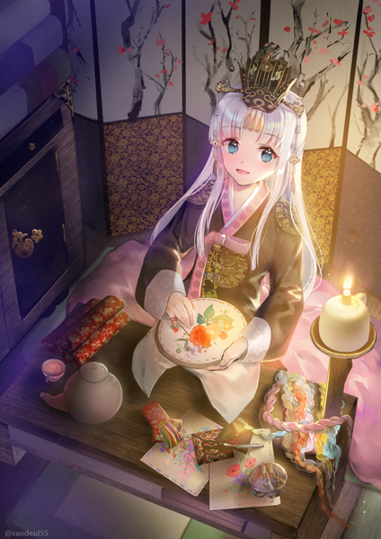 Anime picture 600x849 with qurare: magic library tobbang single long hair tall image looking at viewer blush open mouth blue eyes smile sitting holding white hair indoors traditional clothes japanese clothes from above girl thread