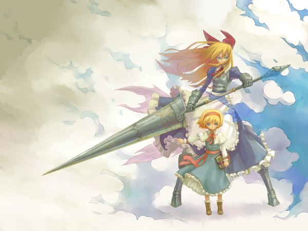 Anime picture 1920x1440 with touhou alice margatroid huu00 long hair looking at viewer highres short hair blue eyes blonde hair multiple girls sky cloud (clouds) wind girl dress bow ribbon (ribbons) weapon 2 girls hair bow