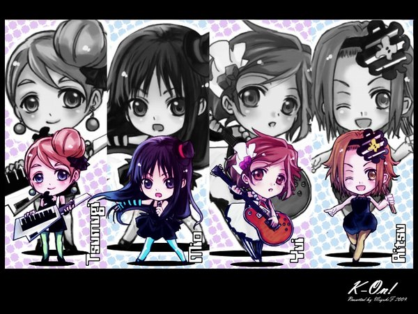 Anime picture 1024x768 with k-on! kyoto animation akiyama mio hirasawa yui kotobuki tsumugi tainaka ritsu multiple girls chibi hime cut band don't say "lazy" girl hat 4 girls musical instrument guitar mini hat mini top hat top hat keyboard (instrument)