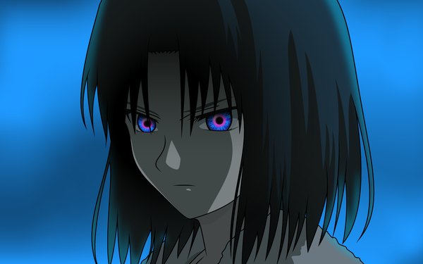 Anime picture 1680x1050 with kara no kyoukai type-moon ryougi shiki single looking at viewer short hair blue eyes black hair wide image portrait close-up blue background angry girl