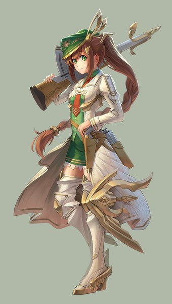 Anime picture 624x1100 with pinakes single long hair tall image fringe simple background brown hair standing green eyes ponytail light smile girl dress weapon headdress gun pistol