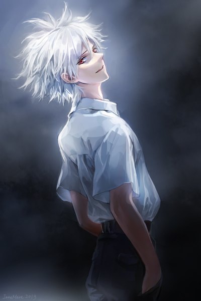 Anime picture 800x1200 with neon genesis evangelion rebuild of evangelion evangelion: 2.0 you can (not) advance evangelion: 3.0 you can (not) redo gainax nagisa kaworu jane mere single tall image looking at viewer short hair simple background smile red eyes white hair short sleeves back dark background hand in pocket boy
