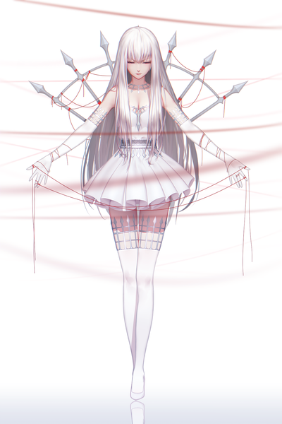 Anime picture 1300x1950 with original pixiv fantasia pixiv fantasia t maredoro single long hair tall image fringe simple background white background cleavage full body white hair eyes closed depth of field reflection spread arms girl thighhighs dress