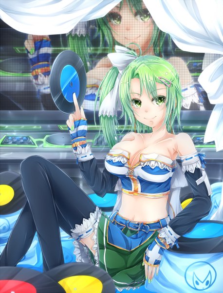 Anime picture 1200x1573 with beatmania beatmania iidx kitami erika nakayama shumo single long hair tall image looking at viewer blush breasts light erotic smile large breasts sitting bare shoulders green eyes cleavage ahoge green hair arm support