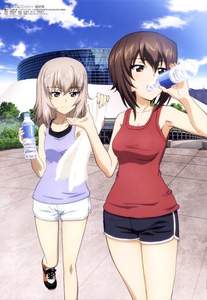 Anime picture 4089x5932 with girls und panzer megami magazine nishizumi maho itsumi erika itou takeshi tall image highres short hair blue eyes brown hair multiple girls brown eyes absurdres sky cloud (clouds) outdoors grey hair scan official art sleeveless