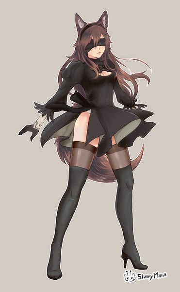 Anime picture 1978x3200 with touhou nier nier:automata yorha no. 2 type b imaizumi kagerou slimymana single long hair tall image highres light erotic simple background brown hair standing signed animal ears full body tail animal tail grey background