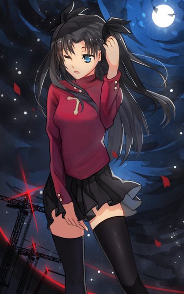 Anime picture 2261x3608 with fate (series) fate/stay night type-moon toosaka rin tsubasa19900920 single long hair tall image blush highres open mouth blue eyes black hair cloud (clouds) one eye closed wink night girl thighhighs skirt