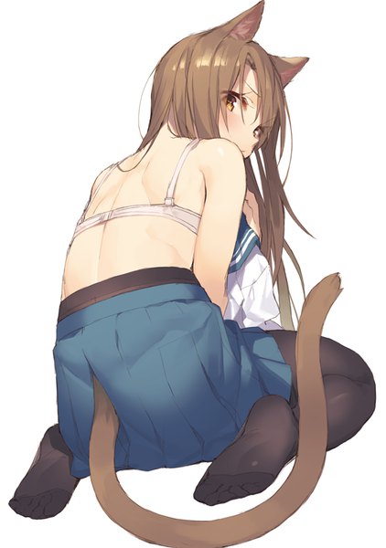 Anime picture 563x800 with original itsuwa (lethal-kemomimi) single long hair tall image looking at viewer blush light erotic simple background brown hair white background sitting brown eyes animal ears tail animal tail looking back from behind cat ears cat tail