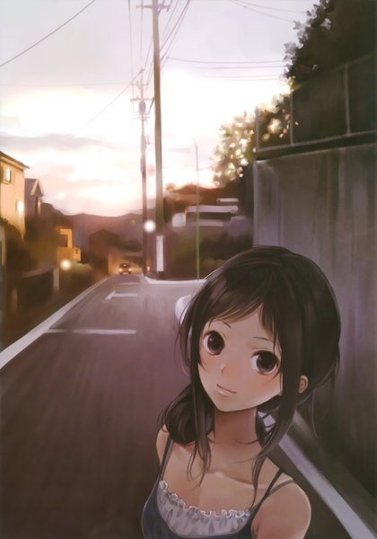 Anime picture 2444x3488 with original kishida mel single long hair tall image looking at viewer blush highres open mouth black hair smile brown eyes black eyes open clothes city street girl ground vehicle car power lines