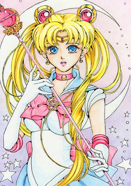 Anime picture 1608x2280 with bishoujo senshi sailor moon toei animation tsukino usagi sailor moon sayococco single long hair tall image looking at viewer fringe blue eyes blonde hair twintails lips hair bun (hair buns) gradient background crescent magical girl traditional media colored pencil (medium)