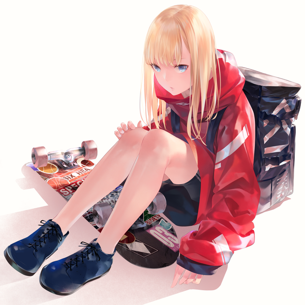 Anime picture 1600x1600 with original sousou (sousouworks) single long hair looking at viewer fringe blue eyes blonde hair simple background white background sitting blunt bangs shadow sleeves past wrists girl shoes jacket shorts backpack bike shorts
