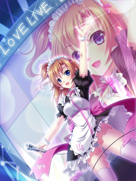 Anime picture 750x1000 with love live! school idol project sunrise (studio) love live! kousaka honoka tsukimi kirara tall image blush short hair open mouth blue eyes light erotic brown hair maid pantyshot one side up girl thighhighs dress underwear panties