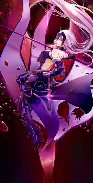 Anime picture 2317x4547 with fate (series) fate/grand order fate/apocrypha jeanne d'arc (fate) (all) jeanne d'arc alter (fate) jeanne d'arc alter (avenger) (third ascension) (fate) jeffrey10 single long hair tall image highres breasts bare shoulders holding yellow eyes looking away full body ahoge fur trim bare back