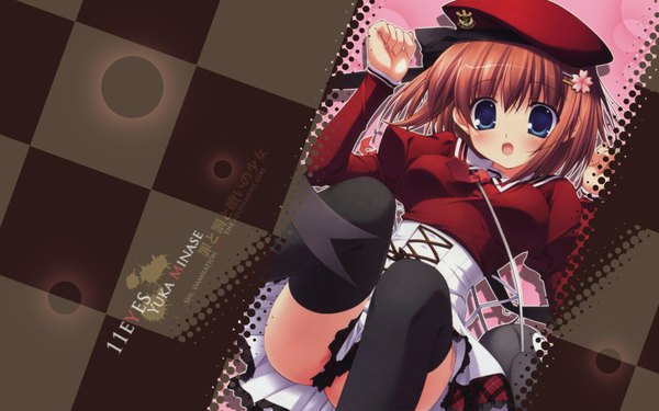 Anime picture 1920x1200 with 11 eyes doga kobo minase yuka single blush highres short hair blue eyes light erotic brown hair wide image ass hair flower checkered checkered background girl thighhighs hair ornament hat