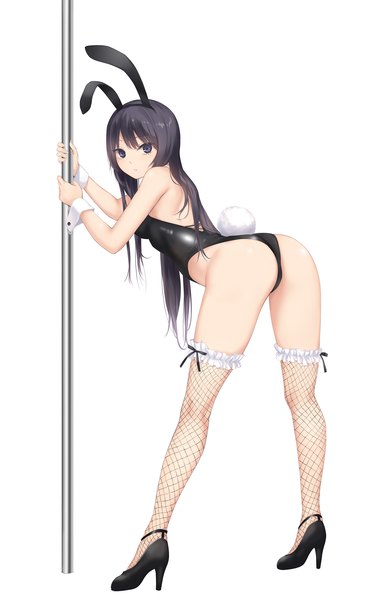 Anime picture 1167x1807 with original shiramine rika coffee-kizoku single long hair tall image looking at viewer fringe light erotic black hair simple background standing white background holding animal ears full body ass tail animal tail black eyes