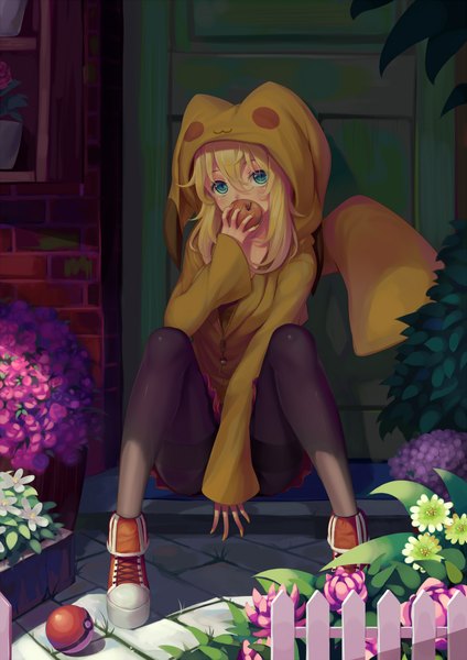 Anime picture 1680x2376 with pokemon nintendo pikachu sonikey0 0 single long hair tall image looking at viewer blush fringe blue eyes blonde hair sitting holding animal ears bent knee (knees) tail nail polish sunlight shadow