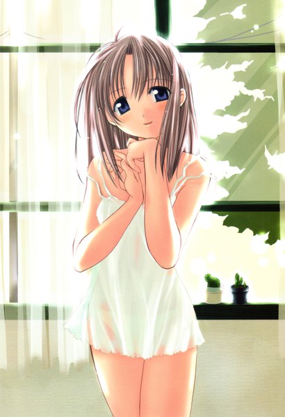 Anime picture 3974x5815 with original naruse chisato single long hair tall image looking at viewer fringe highres blue eyes light erotic brown hair bare shoulders absurdres head tilt light smile sunlight scan arms up hands clasped girl