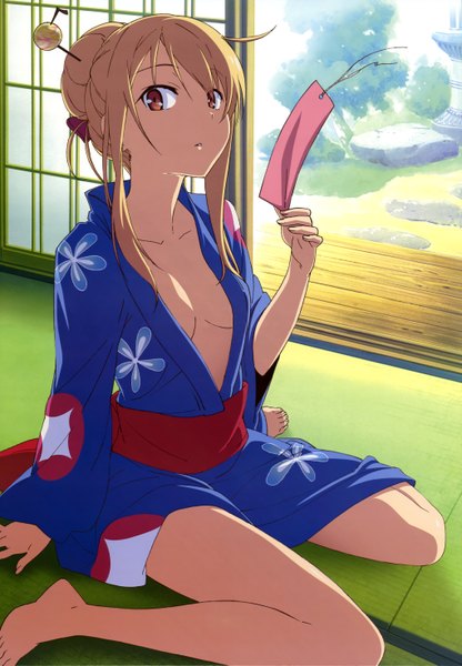 Anime picture 4079x5874 with sakura-sou no pet na kanojo j.c. staff nyantype shiina mashiro single long hair tall image highres light erotic blonde hair red eyes sitting absurdres traditional clothes japanese clothes official art alternate hairstyle hair up tanabata girl