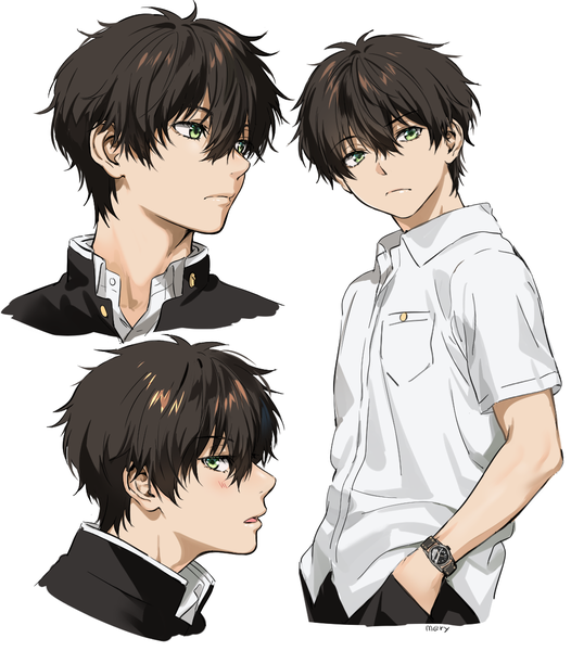 Anime picture 1052x1200 with hyouka kyoto animation oreki houtarou mery (yangmalgage) tall image looking at viewer blush fringe short hair open mouth simple background hair between eyes brown hair white background green eyes signed looking away upper body profile multiview