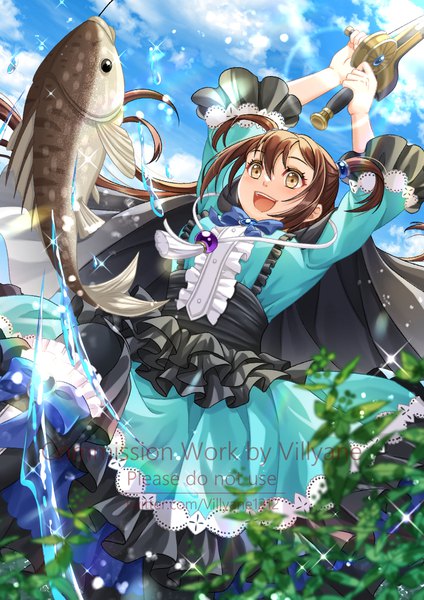 Anime picture 827x1169 with tate no yuusha no nariagari kinema citrus kidzuna (tate no yuusha no nariagari) villyane single long hair tall image blush fringe open mouth smile hair between eyes brown hair standing holding brown eyes signed looking away sky cloud (clouds)