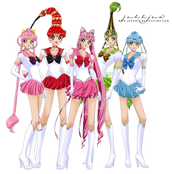 Anime picture 1024x1034 with bishoujo senshi sailor moon toei animation chibiusa sailor chibi moon sailor ceres sailor juno sailor vesta sailor pallas super sailor chibi moon (stars) neo sailor chibimoon jettjen (artist) long hair tall image looking at viewer short hair blue eyes smile red eyes standing twintails