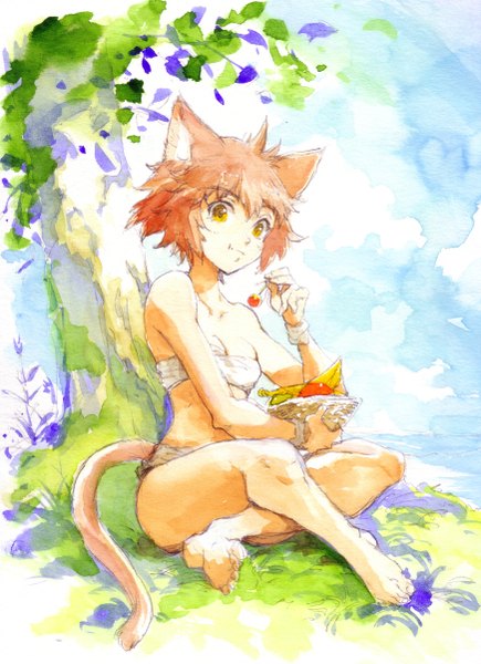 Anime picture 872x1201 with original hirokazu single tall image looking at viewer short hair brown hair sitting animal ears yellow eyes sky tail animal tail cat ears cat tail eating traditional media watercolor (medium) girl plant (plants)