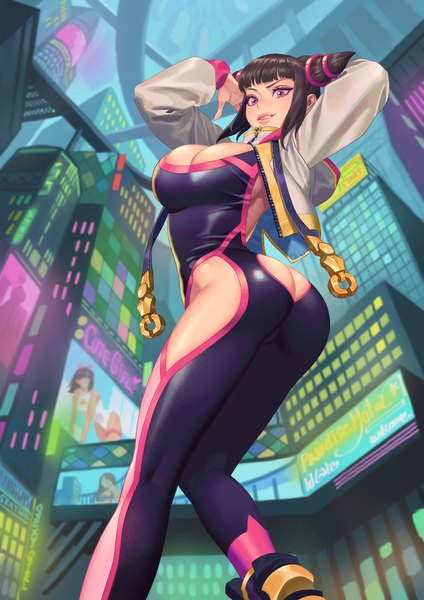 Anime picture 2480x3508 with street fighter capcom han juri hongcasso single tall image looking at viewer fringe highres short hair breasts light erotic smile brown hair large breasts standing purple eyes payot cleavage outdoors