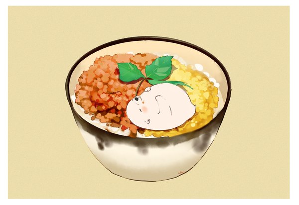 Anime picture 2000x1375 with original chai (artist) highres simple background signed border no people yellow background animal food plate bowl bear