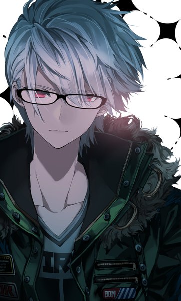 Anime picture 1250x2069 with original yukishima bema single tall image looking at viewer fringe short hair simple background hair between eyes red eyes silver hair upper body hair over one eye open jacket fur trim boy glasses jacket fur