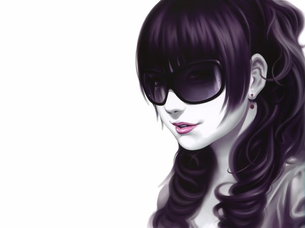 Anime picture 7248x5424 with pixiv girls collection 2010 sakkan (artist) single long hair highres black hair simple background white background absurdres purple hair parted lips lipstick wavy hair pale skin girl earrings glasses sunglasses