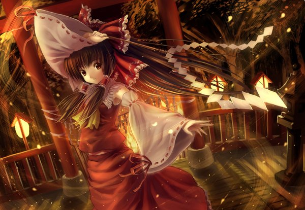 Anime picture 2250x1554 with touhou hakurei reimu highres brown hair yellow eyes miko girl skirt skirt set