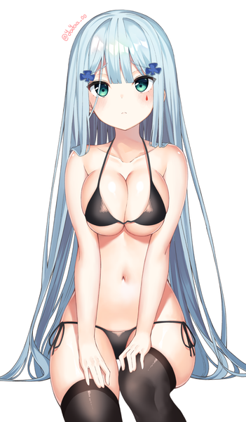 Anime picture 878x1500 with girls frontline hk416 (girls frontline) yaya (yayaa 00) single long hair tall image looking at viewer blush fringe breasts light erotic simple background large breasts white background sitting signed silver hair aqua eyes twitter username underboob