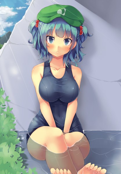 Anime picture 1000x1439 with touhou kawashiro nitori snowcanvas single tall image blush short hair breasts blue eyes light erotic large breasts bare shoulders blue hair girl hair ornament swimsuit water one-piece swimsuit school swimsuit flat cap
