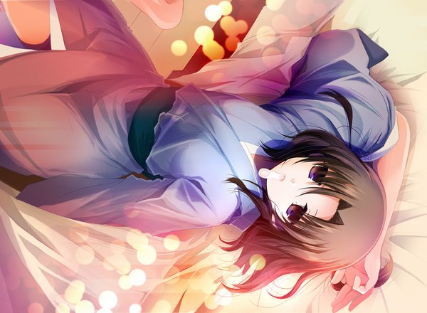 Anime picture 1109x814 with kara no kyoukai type-moon ryougi shiki izumiya otoha single looking at viewer short hair black hair purple eyes brown eyes japanese clothes bare legs on back mouth hold arms behind head amputee girl kimono