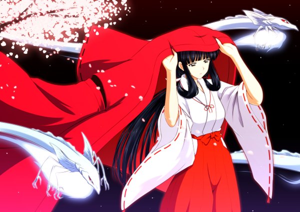 Anime picture 2403x1700 with inuyasha kikyou single long hair highres black hair red eyes night cherry blossoms glowing flying miko demon girl branch